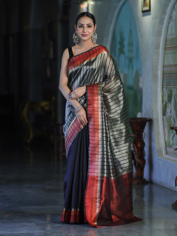 Banarasee Handloom Dual Color Tissue Saree With Stripe Pattern & Contrast Border-Grey & Black