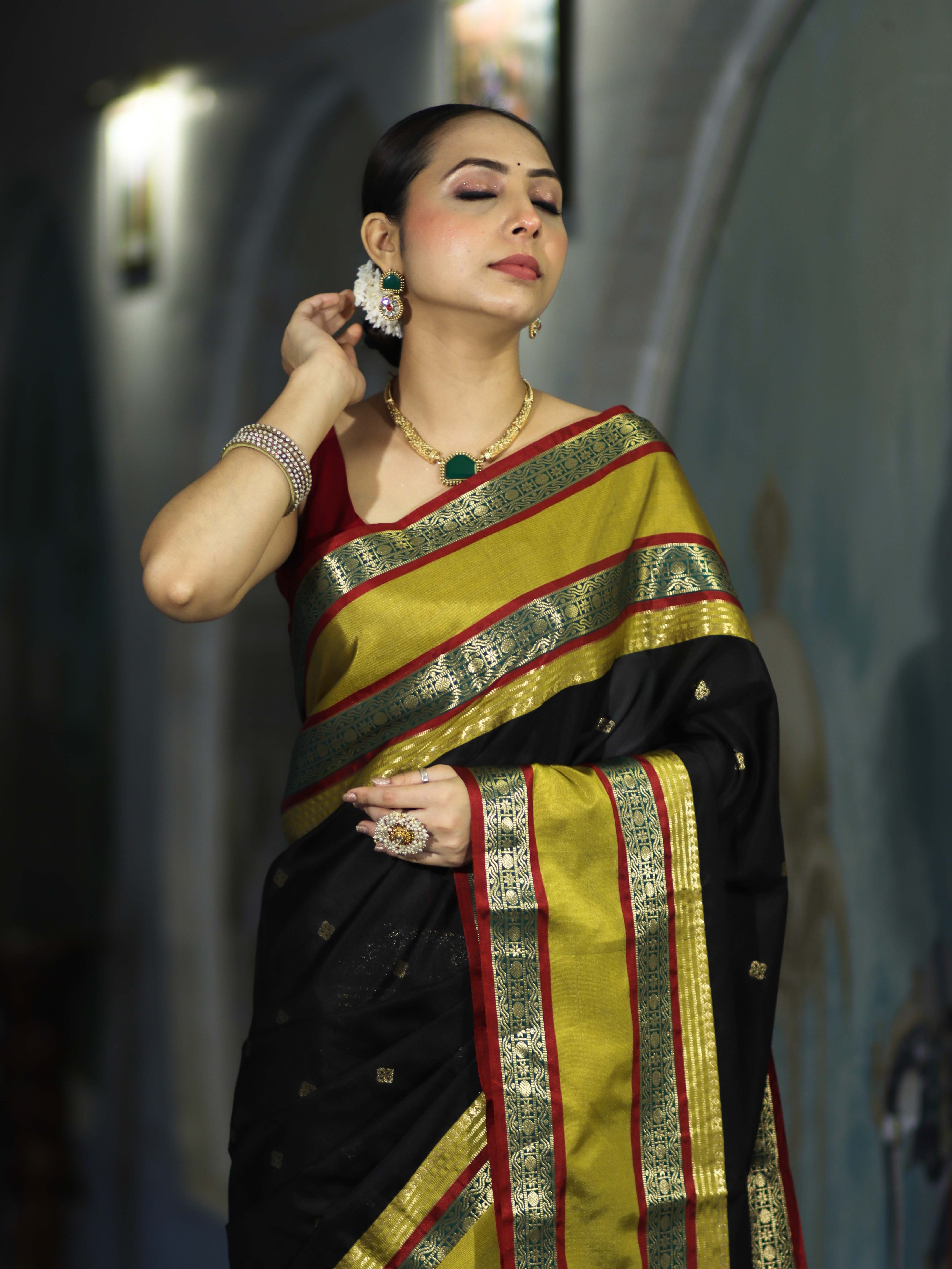 Banarasee Handloom Semi Silk Saree With Buti Design & Contrast Broad Border-Black & Lime Yellow