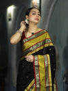 Banarasee Handloom Semi Silk Saree With Buti Design & Contrast Broad Border-Black & Lime Yellow