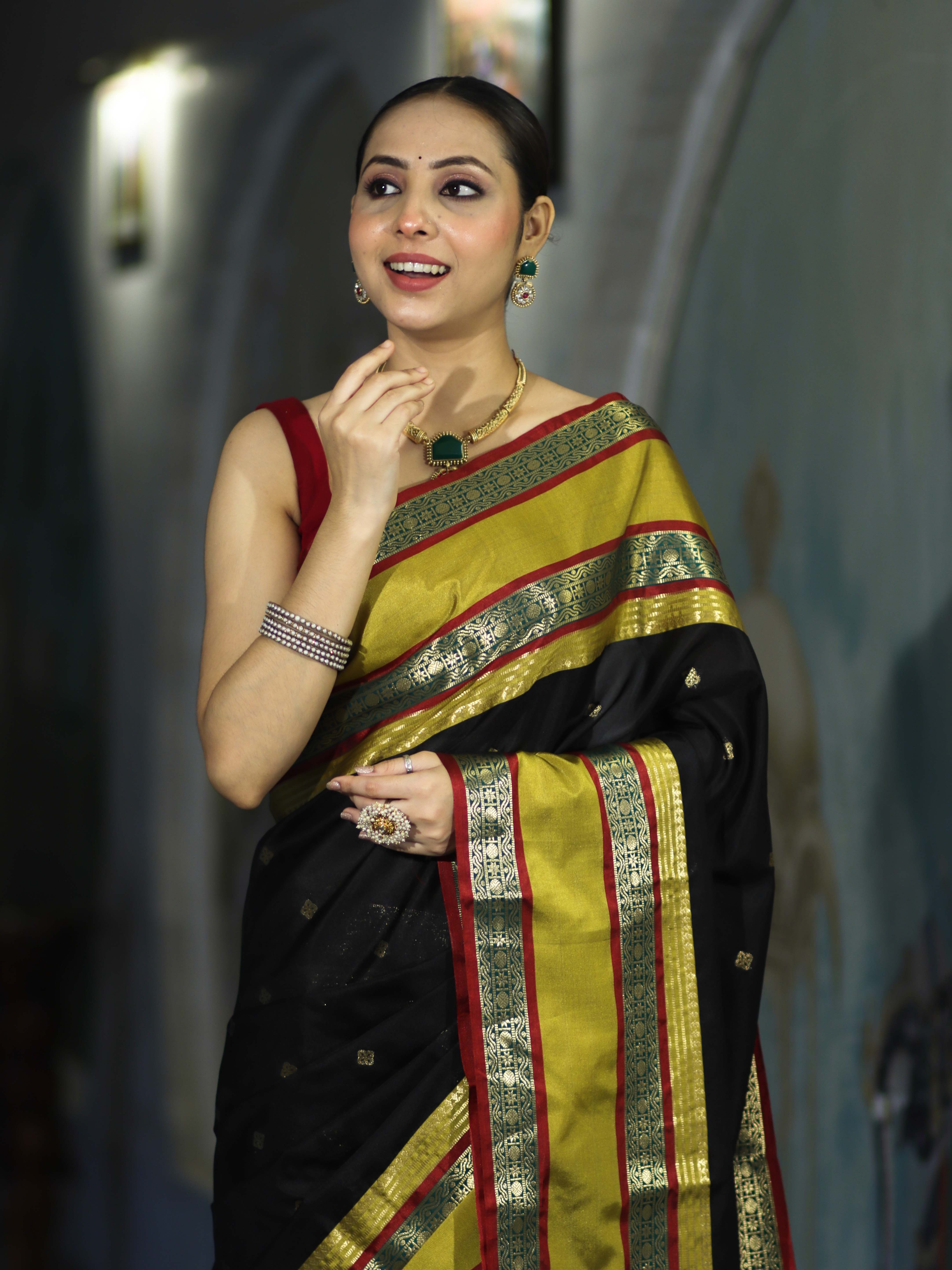 Banarasee Handloom Semi Silk Saree With Buti Design & Contrast Broad Border-Black & Lime Yellow