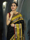 Banarasee Handloom Semi Silk Saree With Buti Design & Contrast Broad Border-Black & Lime Yellow