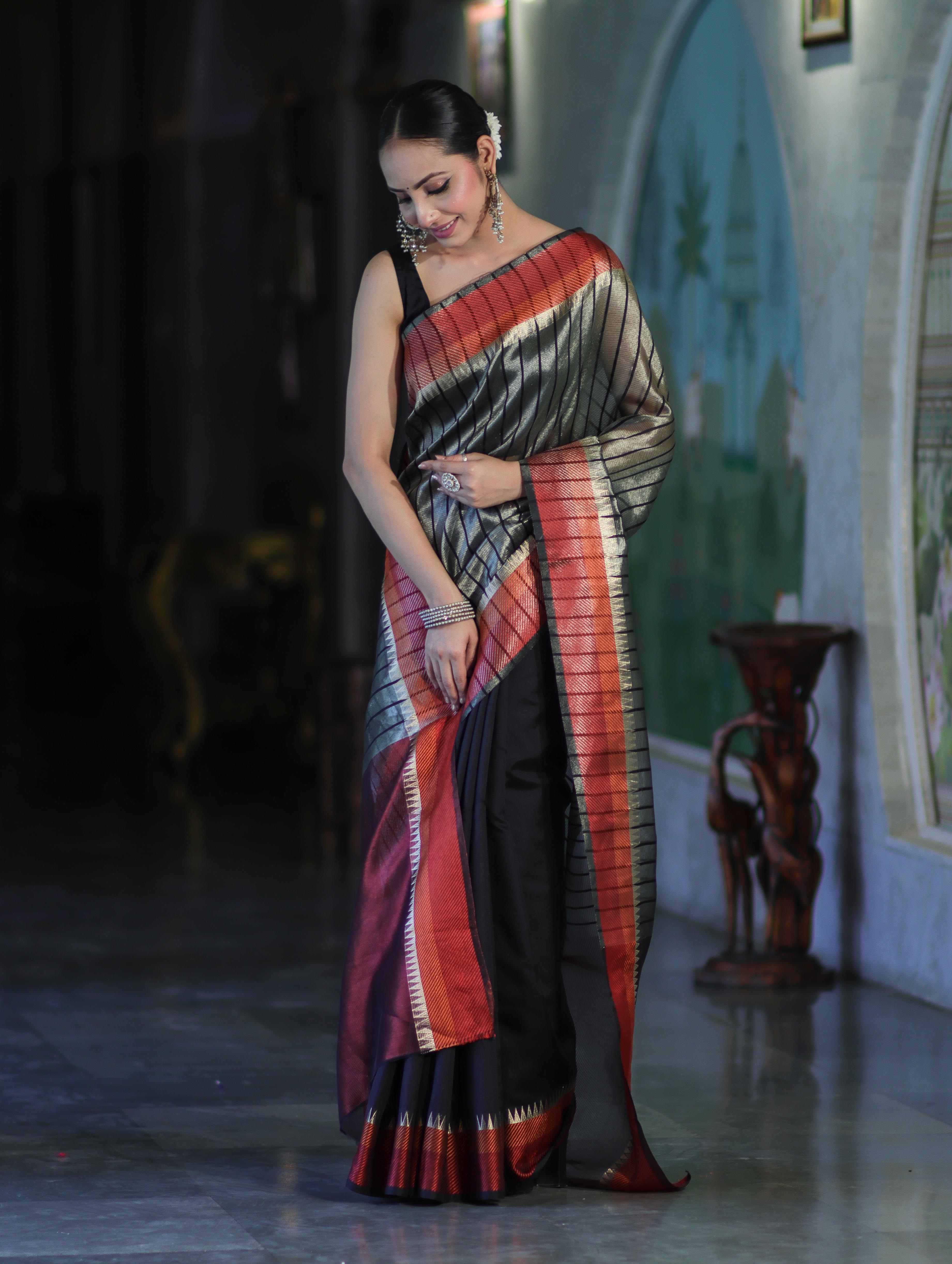 Banarasee Handloom Dual Color Tissue Saree With Stripe Pattern & Contrast Border-Grey & Black