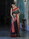 Banarasee Handloom Dual Color Tissue Saree With Stripe Pattern & Contrast Border-Grey & Black