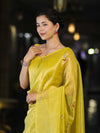 Banarasee Handwoven Tissue Saree With Floral Motifs & Mirror Work-Yellow