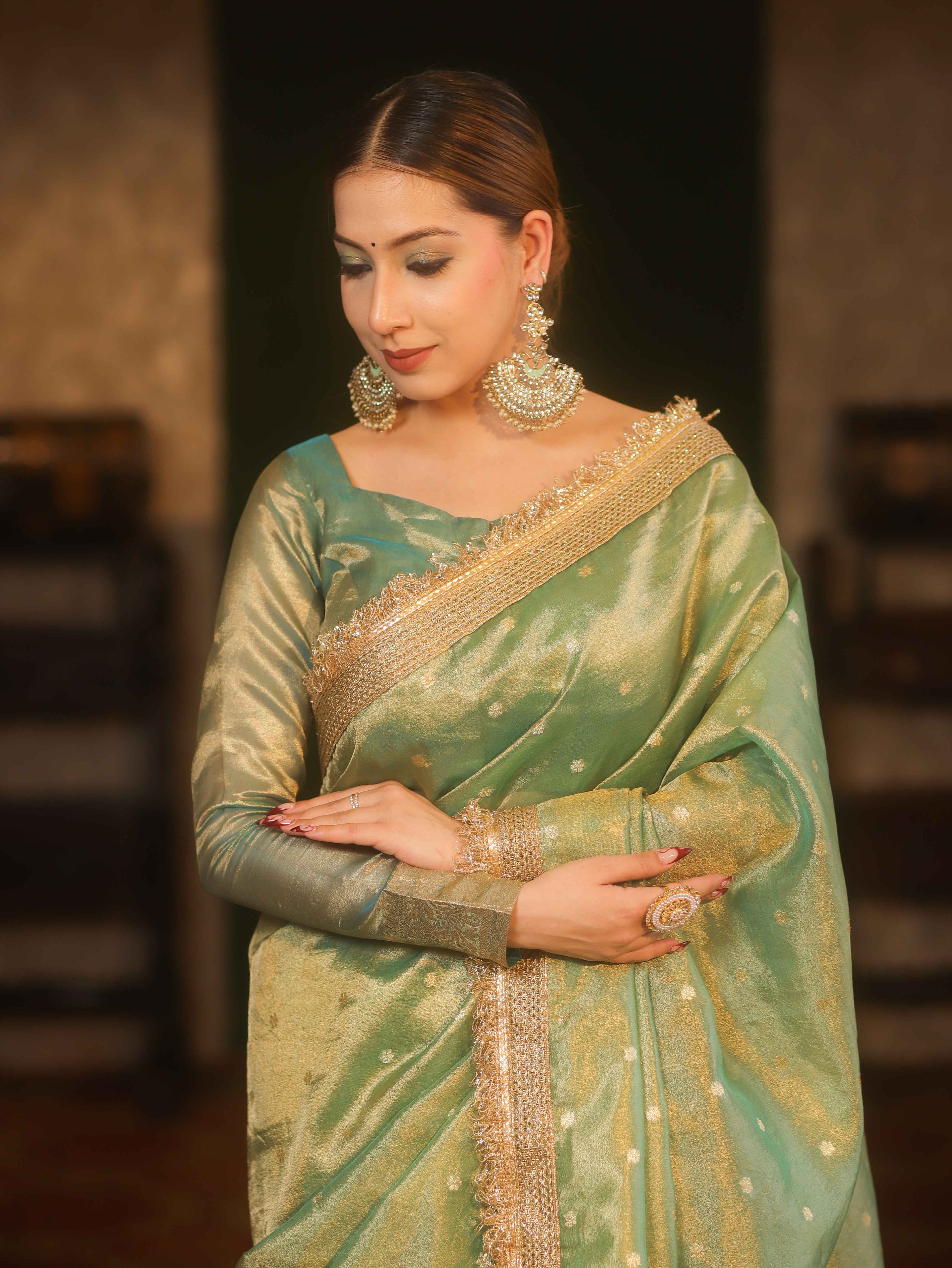 Banarasee Handwoven Tissue Saree Zari Buti With Lace-Pastel Green