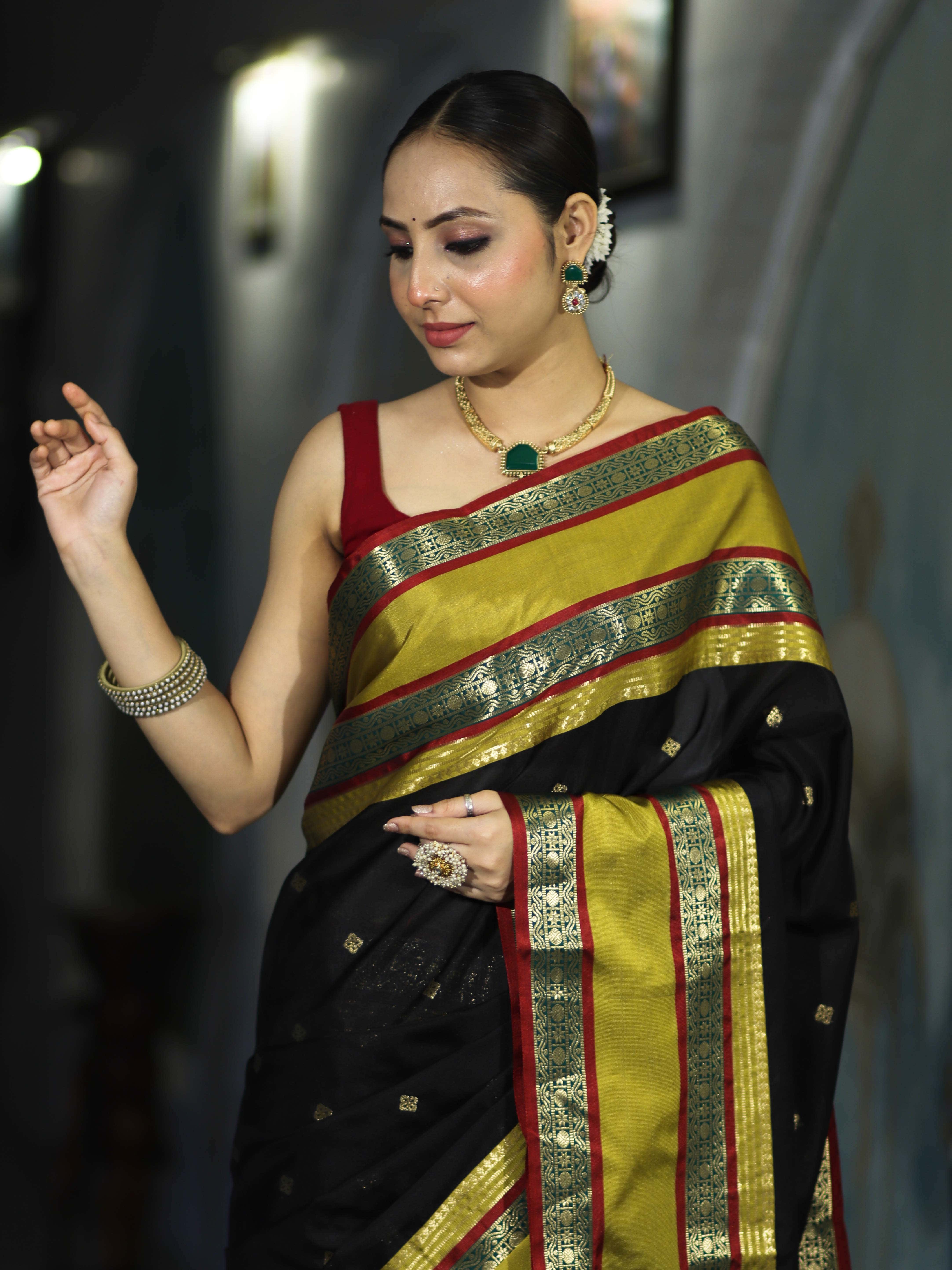 Banarasee Handloom Semi Silk Saree With Buti Design & Contrast Broad Border-Black & Lime Yellow