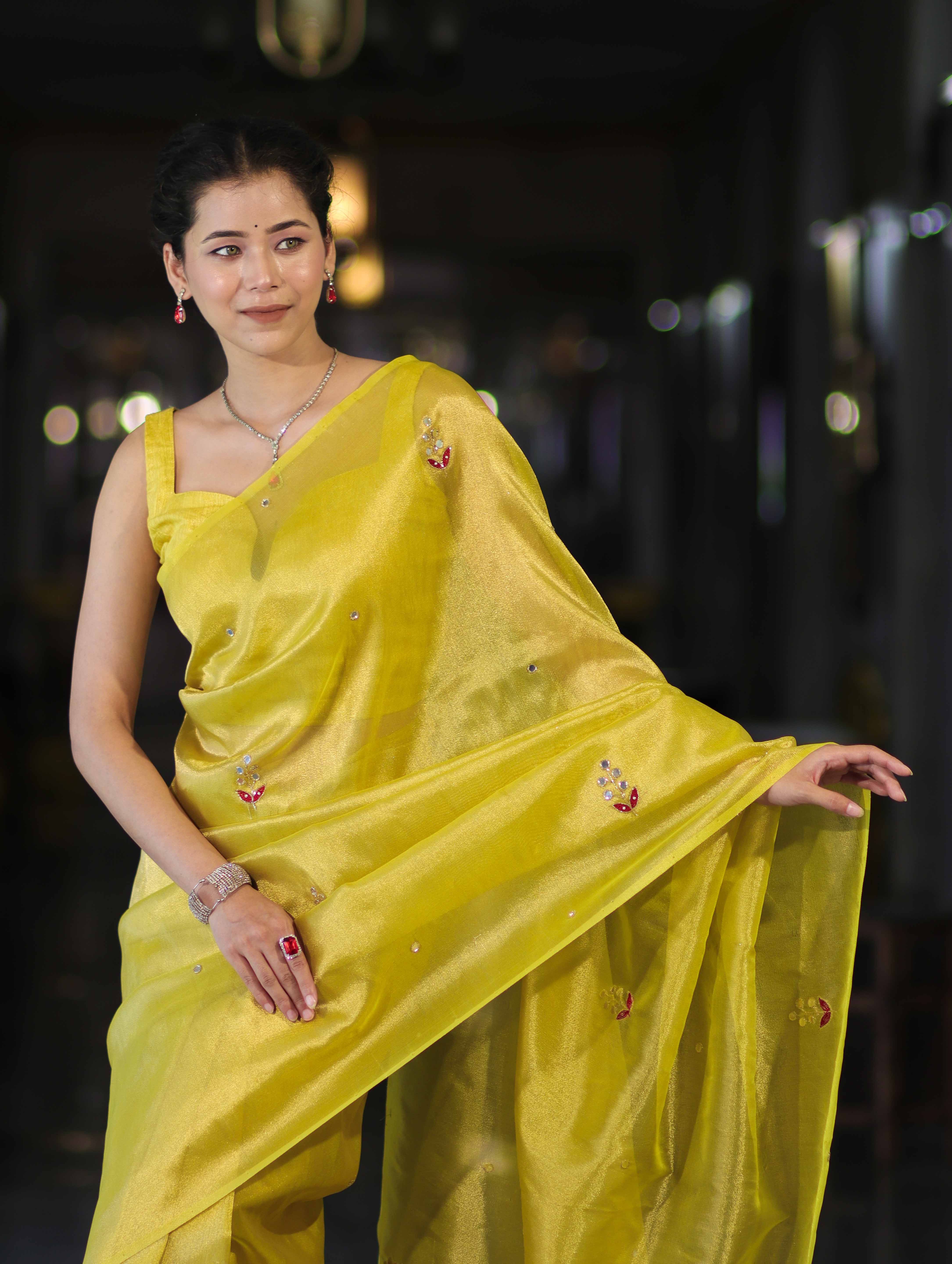 Banarasee Handwoven Tissue Saree With Floral Motifs & Mirror Work-Yellow
