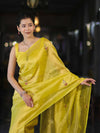 Banarasee Handwoven Tissue Saree With Floral Motifs & Mirror Work-Yellow