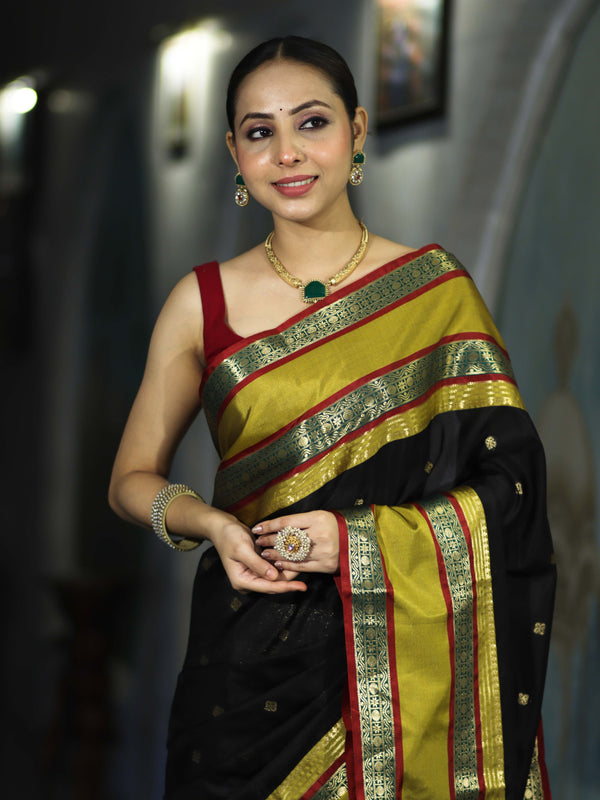 Banarasee Handloom Semi Silk Saree With Buti Design & Contrast Broad Border-Black & Lime Yellow