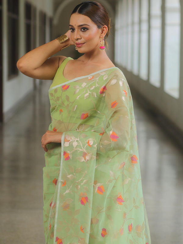 Banarasee Organza Mix Saree With Zari Jaal Design-Light Green