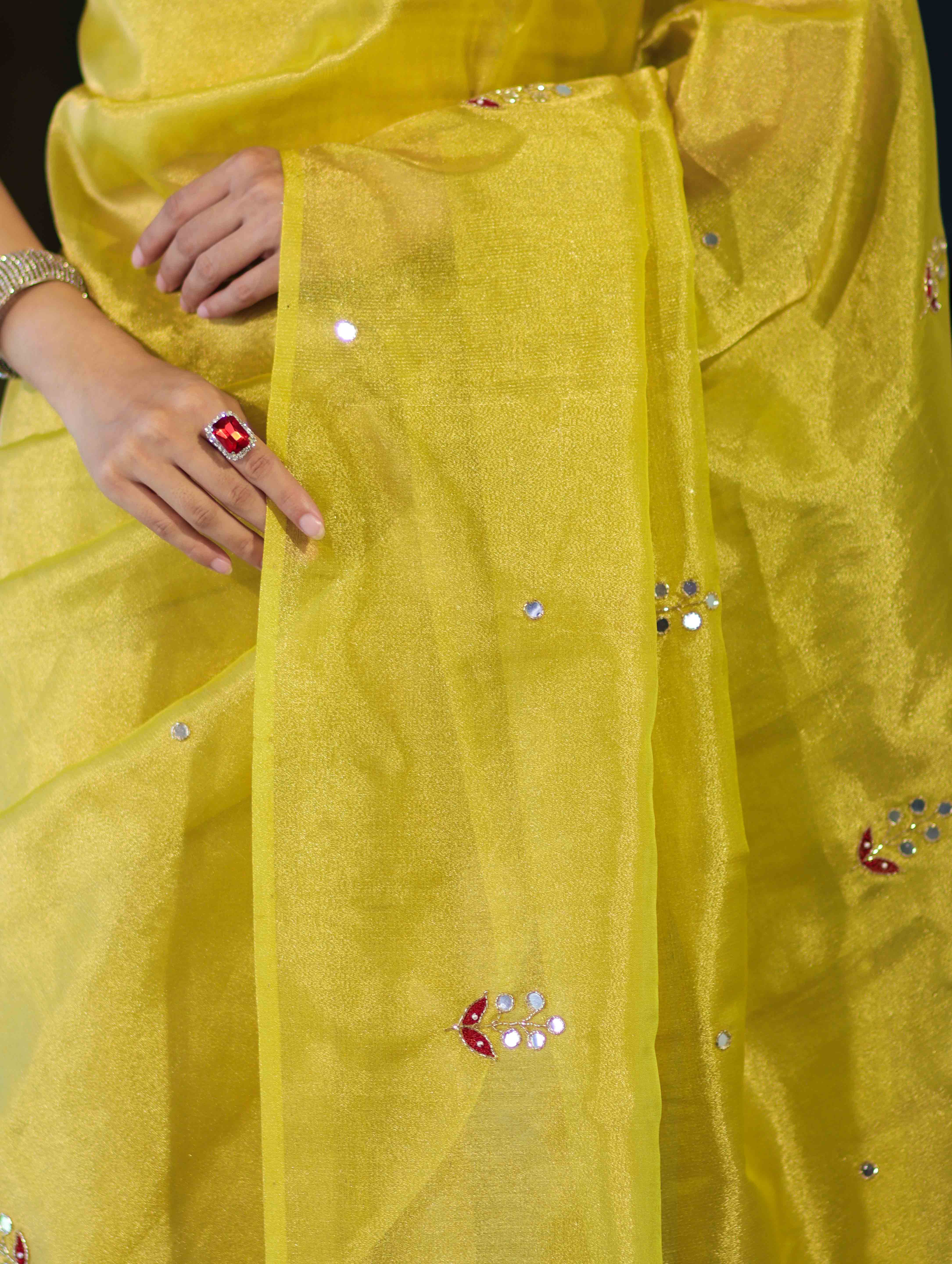 Banarasee Handwoven Tissue Saree With Floral Motifs & Mirror Work-Yellow