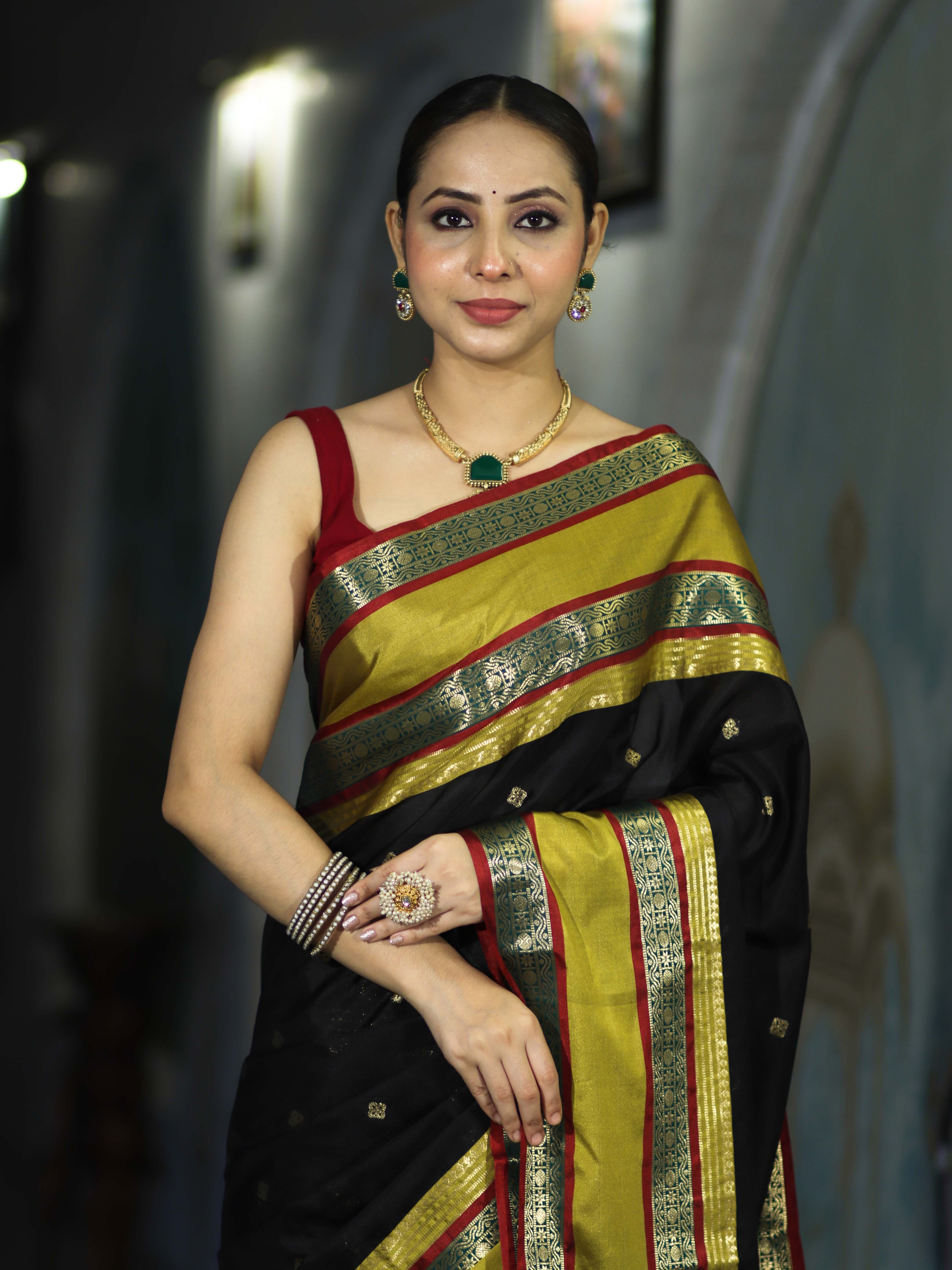 Banarasee Handloom Semi Silk Saree With Buti Design & Contrast Broad Border-Black & Lime Yellow