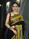 Banarasee Handloom Semi Silk Saree With Buti Design & Contrast Broad Border-Black & Lime Yellow