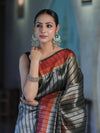 Banarasee Handloom Dual Color Tissue Saree With Stripe Pattern & Contrast Border-Grey & Black