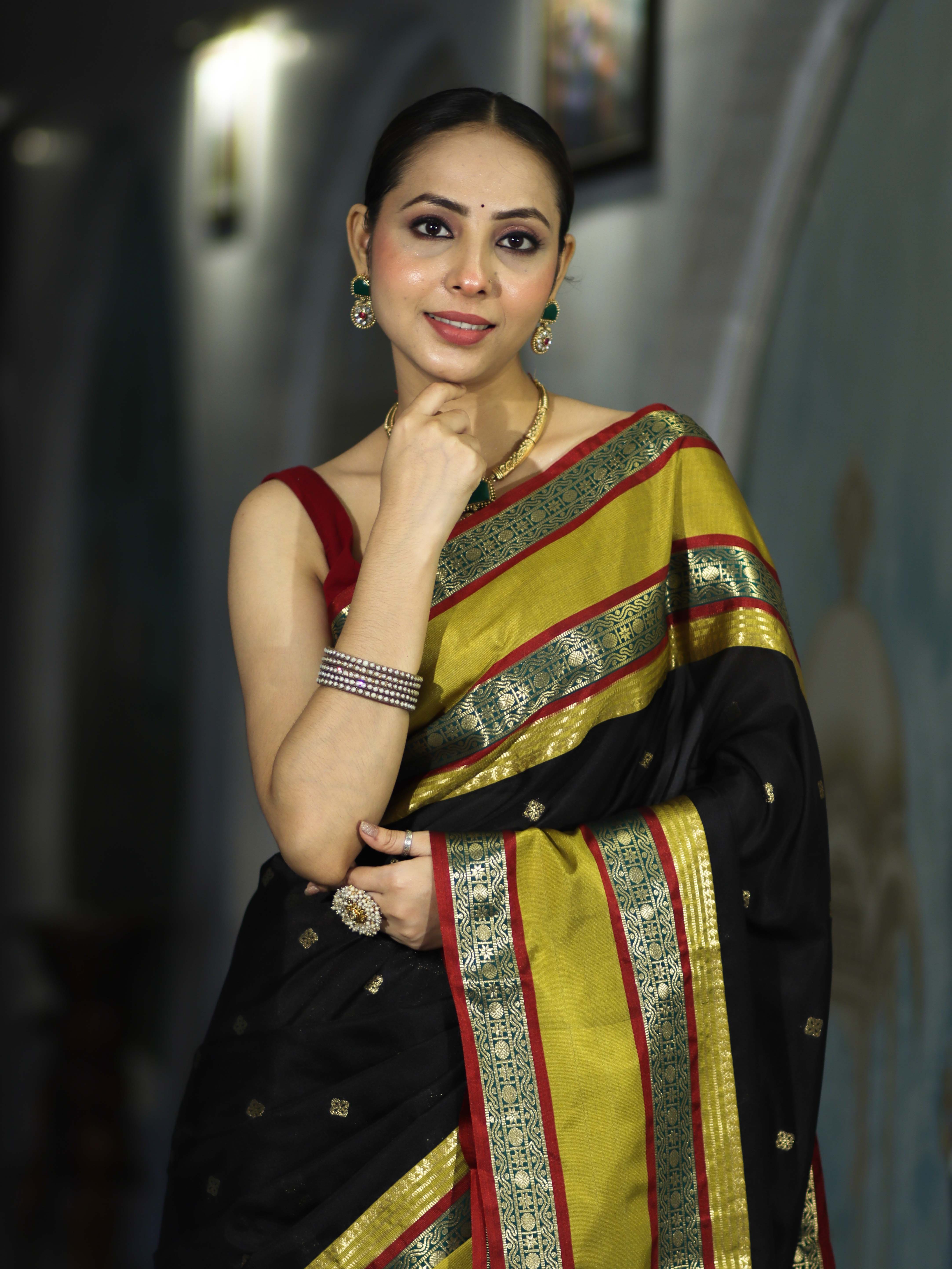 Banarasee Handloom Semi Silk Saree With Buti Design & Contrast Broad Border-Black & Lime Yellow