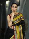 Banarasee Handloom Semi Silk Saree With Buti Design & Contrast Broad Border-Black & Lime Yellow