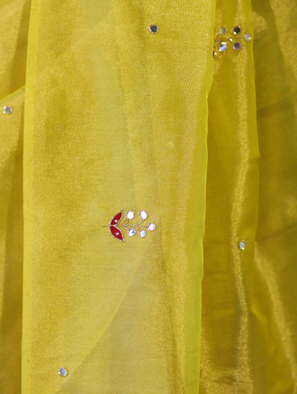 Banarasee Handwoven Tissue Saree With Floral Motifs & Mirror Work-Yellow