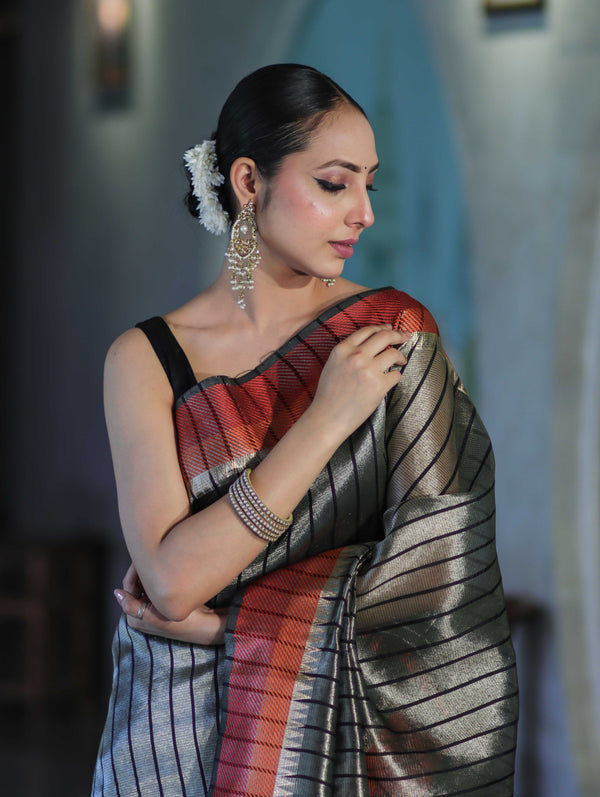 Banarasee Handloom Dual Color Tissue Saree With Stripe Pattern & Contrast Border-Grey & Black