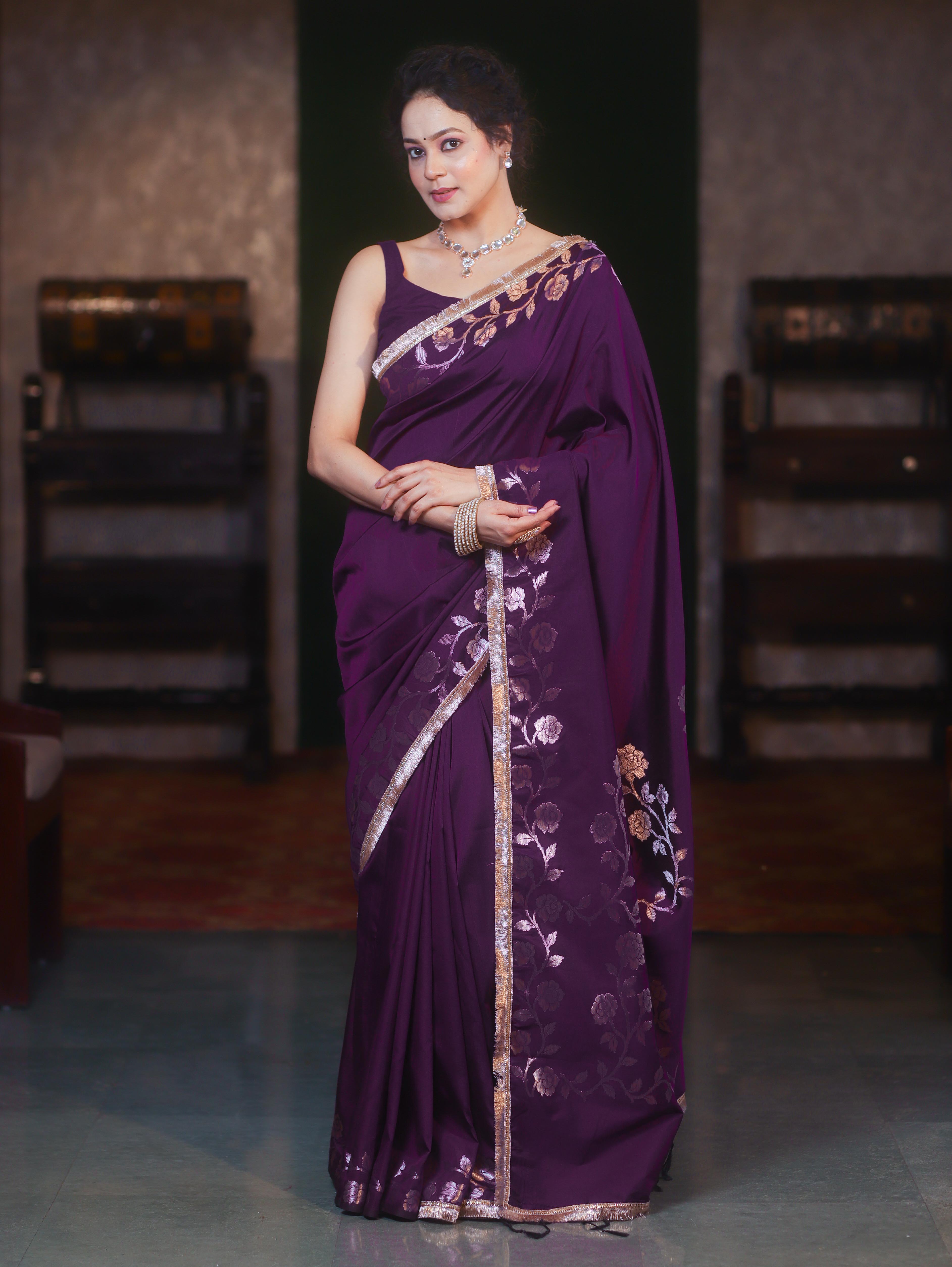 Banarasee Handwoven Semi Silk Plain Saree With Zari Border & Lace-Violet