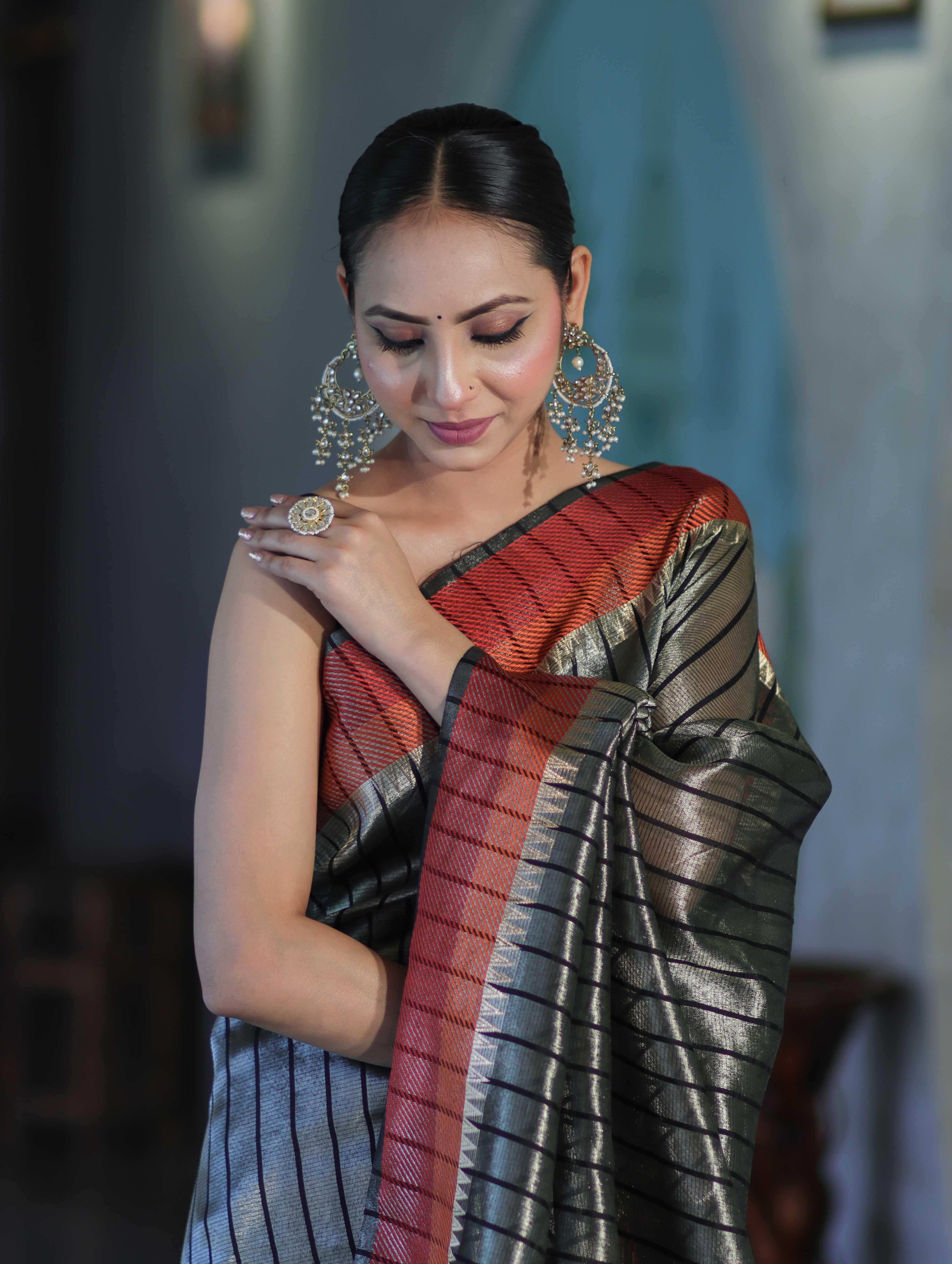 Banarasee Handloom Dual Color Tissue Saree With Stripe Pattern & Contrast Border-Grey & Black