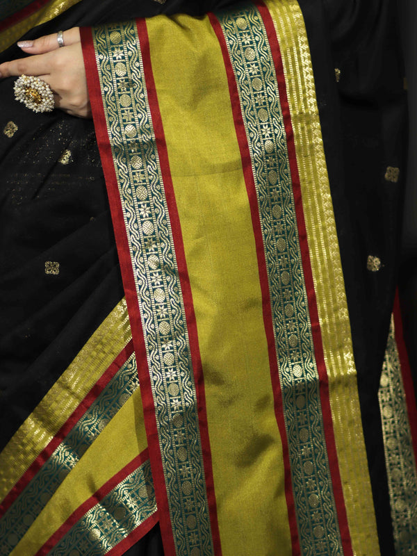 Banarasee Handloom Semi Silk Saree With Buti Design & Contrast Broad Border-Black & Lime Yellow