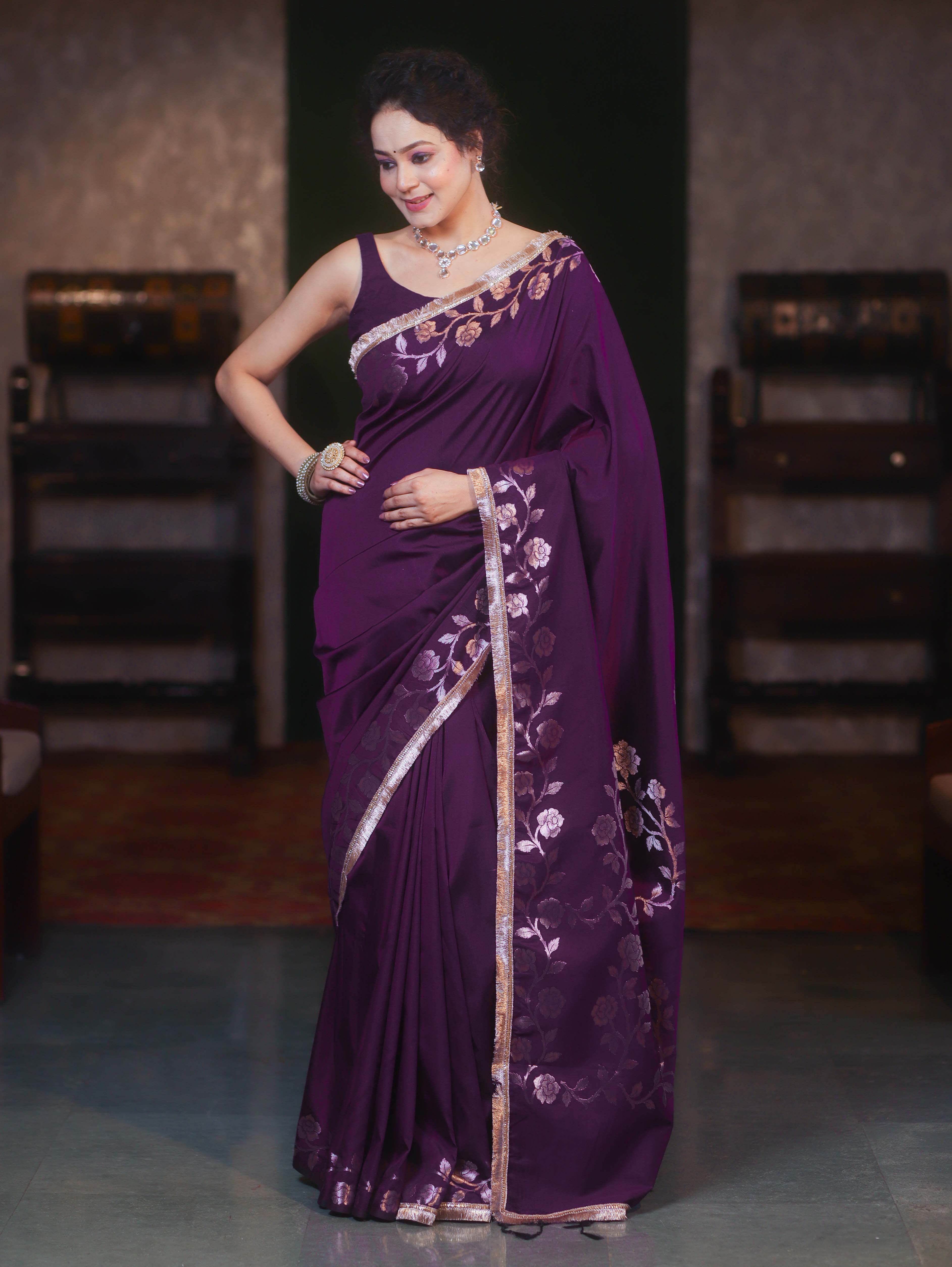Banarasee Handwoven Semi Silk Plain Saree With Zari Border & Lace-Violet