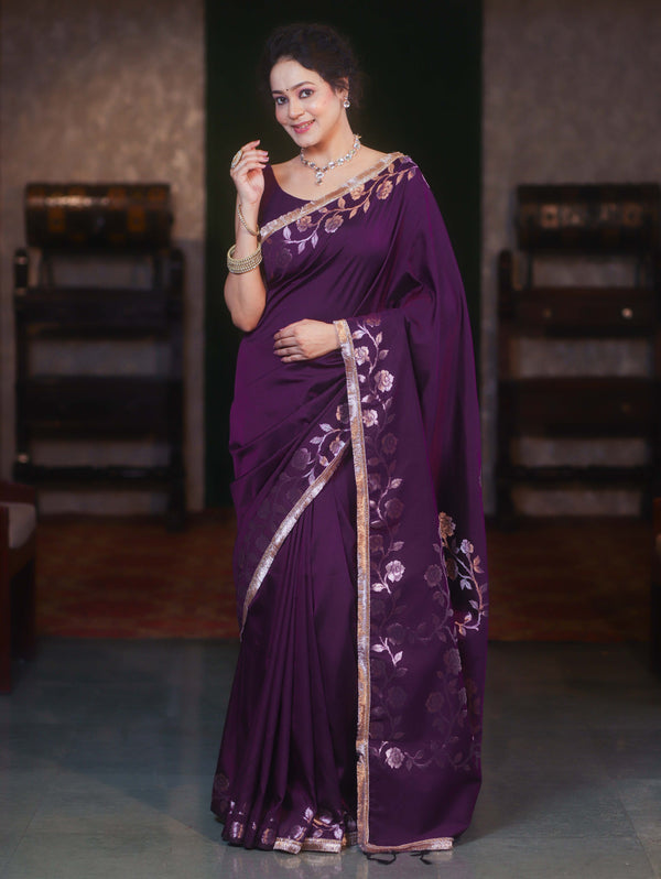 Banarasee Handwoven Semi Silk Plain Saree With Zari Border & Lace-Violet