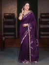 Banarasee Handwoven Semi Silk Plain Saree With Zari Border & Lace-Violet