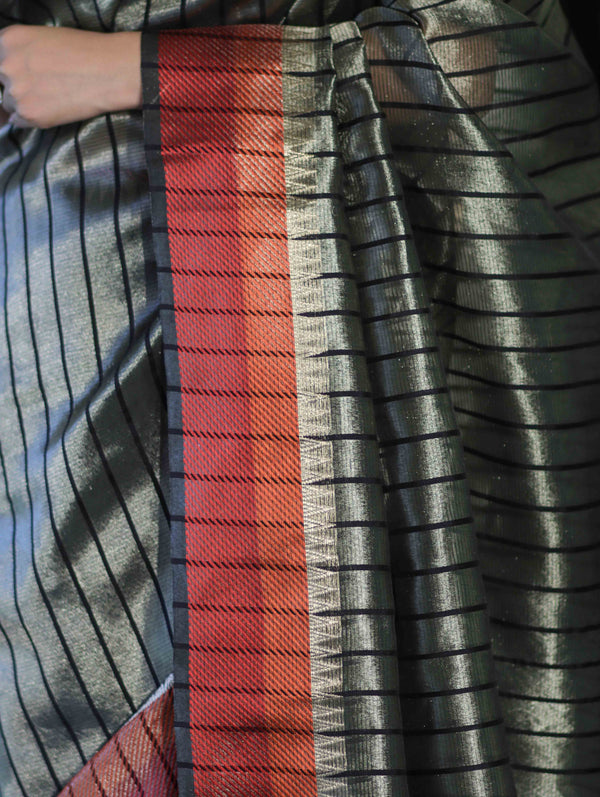 Banarasee Handloom Dual Color Tissue Saree With Stripe Pattern & Contrast Border-Grey & Black