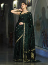 Banarasee Mashru Silk Saree With Zari Motifs & Floral Border-Deep Green