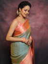 Banarasee Kora Muslin Saree With Contrast Border-Blue & Pink