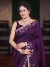 Banarasee Handwoven Semi Silk Plain Saree With Zari Border & Lace-Violet