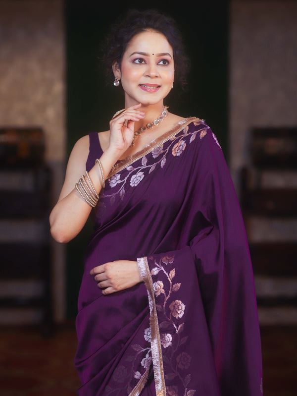 Banarasee Handwoven Semi Silk Plain Saree With Zari Border & Lace-Violet