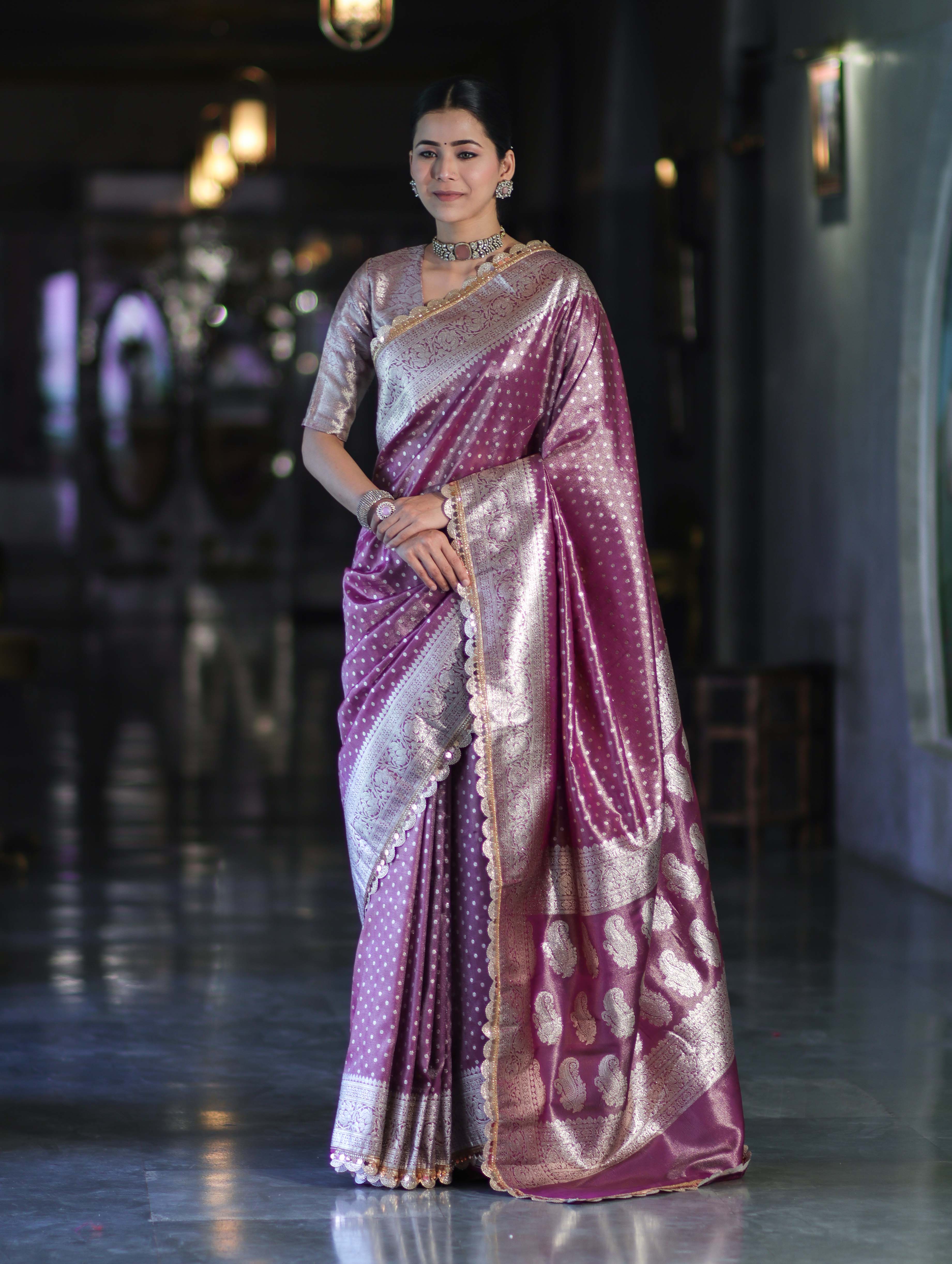 Banarasee Handloom Tissue Saree With Zari Buti Design & Lace Border-Light Purple
