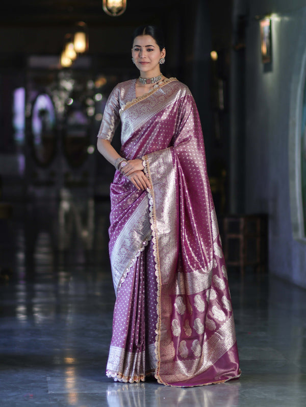 Banarasee Handloom Tissue Saree With Zari Buti Design & Lace Border-Light Purple