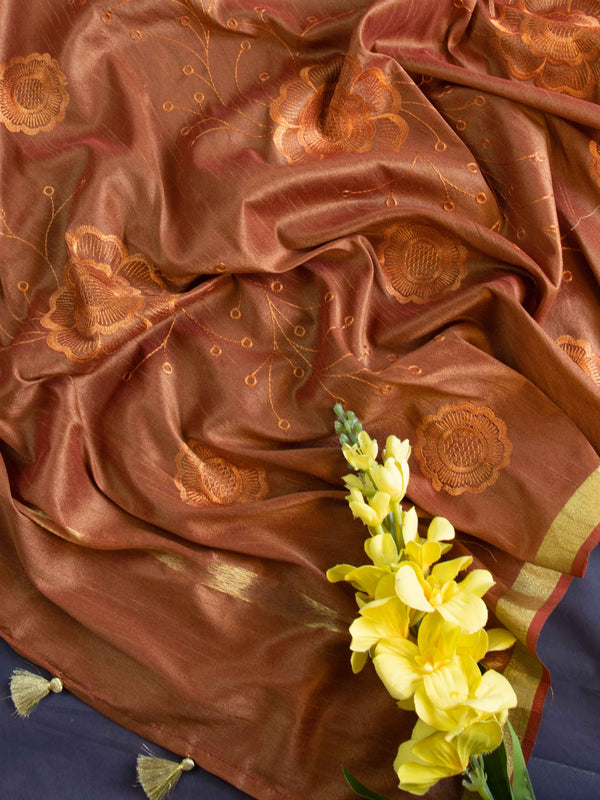 Banarasee Cotton Silk Embroidered Floral Design Dupatta-Brown