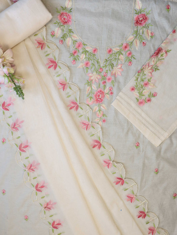Banarasee Semi-Stitched Mul Cotton Salwar Kameez Set With Cotton Silk Dupatta-Off White