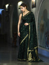 Banarasee Mashru Silk Saree With Zari Motifs & Floral Border-Deep Green