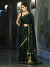 Banarasee Mashru Silk Saree With Zari Motifs & Floral Border-Deep Green