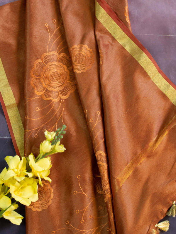 Banarasee Cotton Silk Embroidered Floral Design Dupatta-Brown