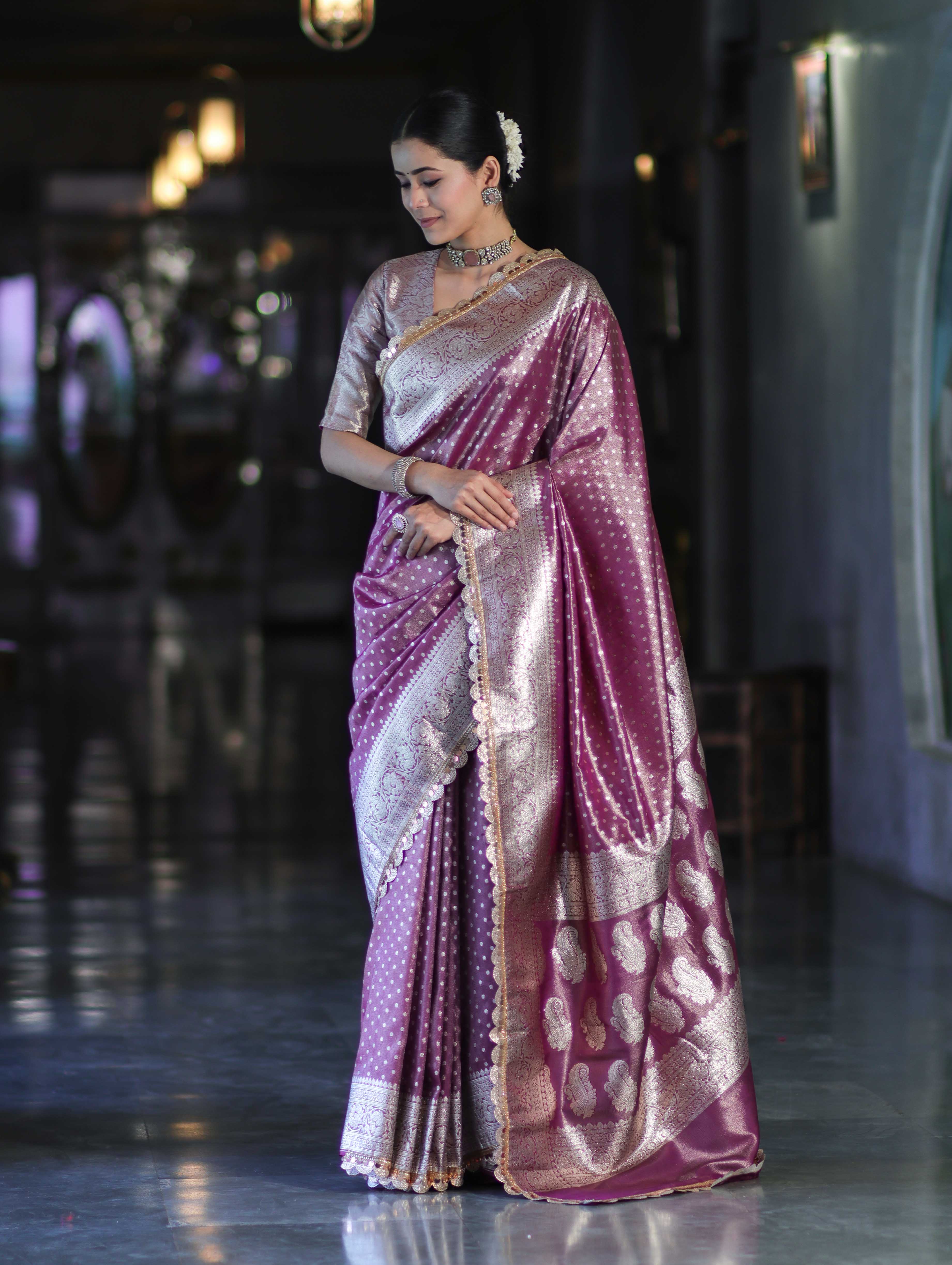 Banarasee Handloom Tissue Saree With Zari Buti Design & Lace Border-Light Purple