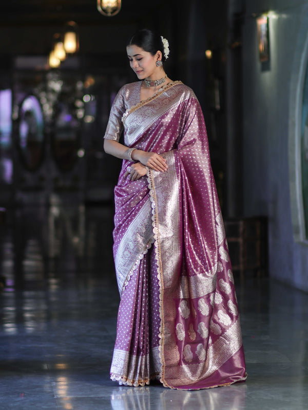 Banarasee Handloom Tissue Saree With Zari Buti Design & Lace Border-Light Purple