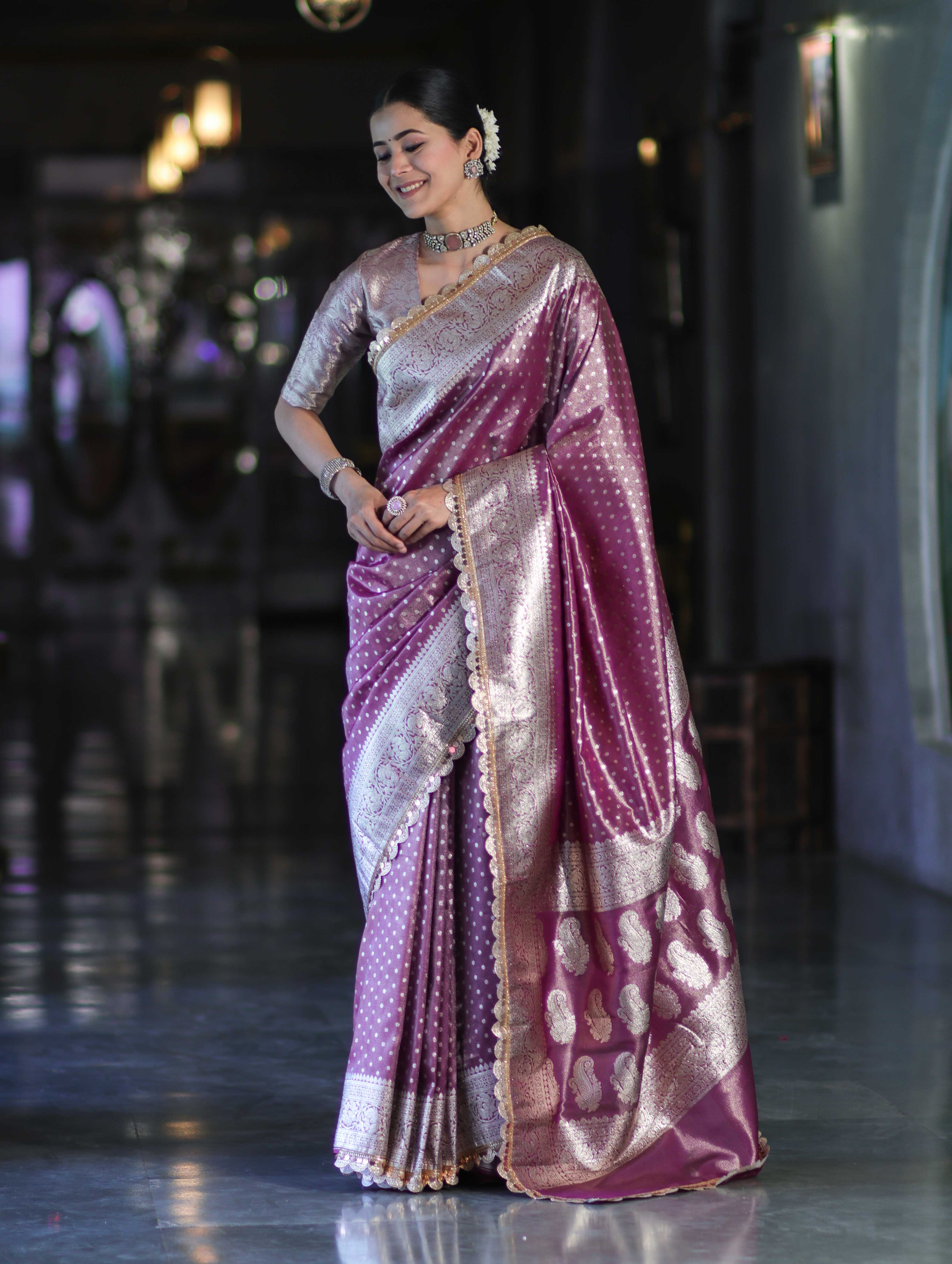Banarasee Handloom Tissue Saree With Zari Buti Design & Lace Border-Light Purple
