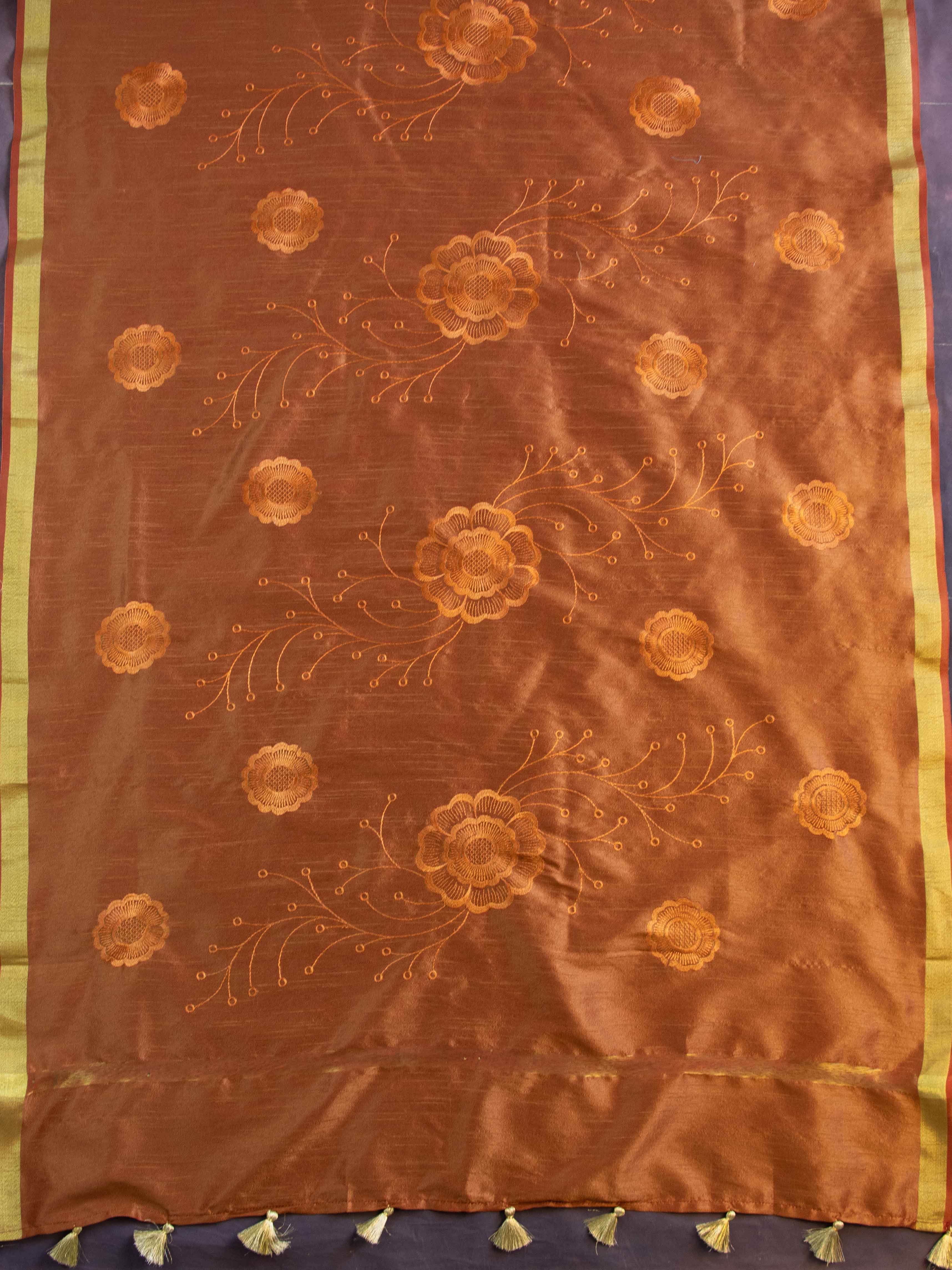 Banarasee Cotton Silk Embroidered Floral Design Dupatta-Brown