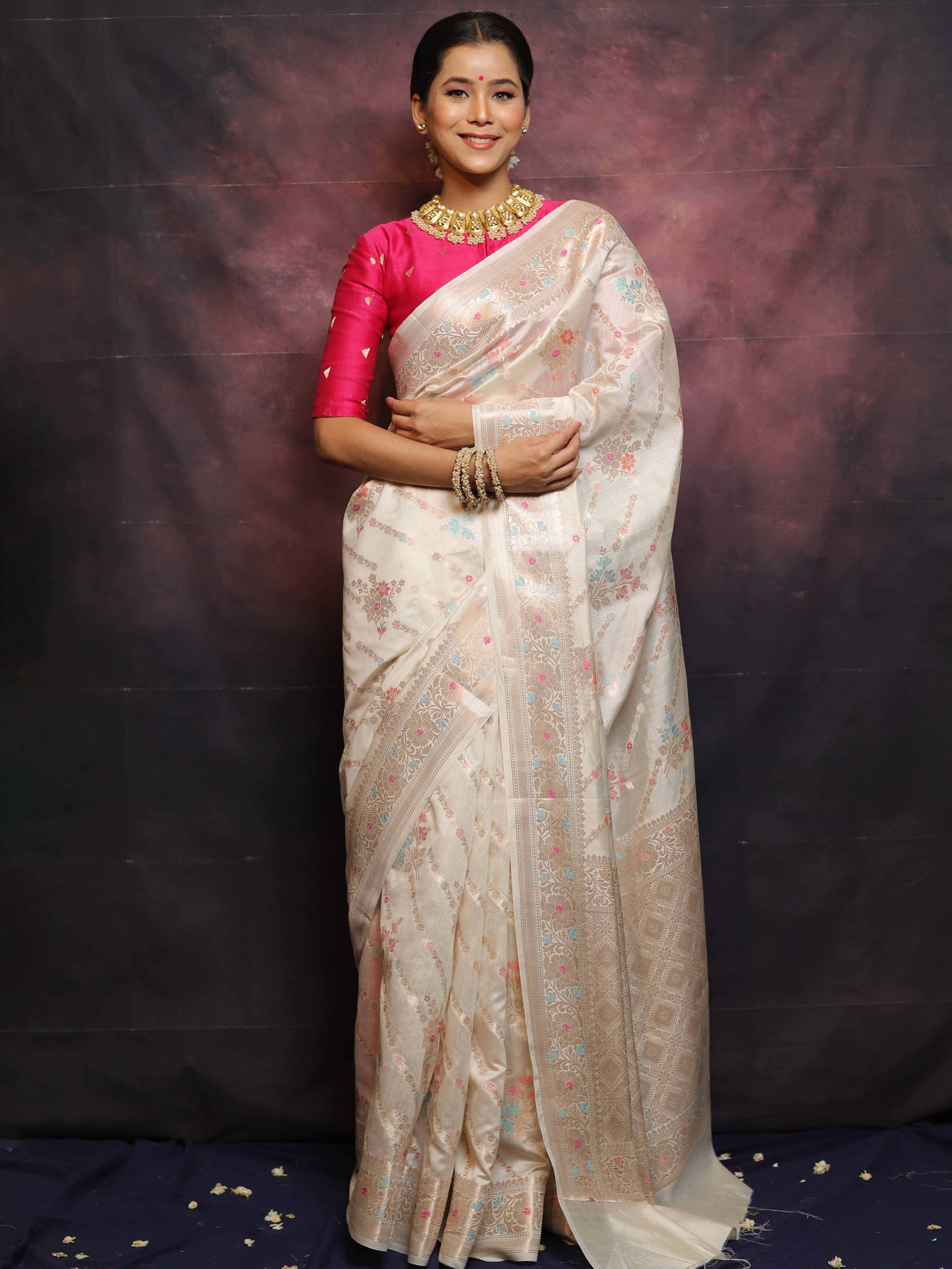 Banarasee Handloom Pure Chiniya Silk Saree With Zari & Meena Work-White