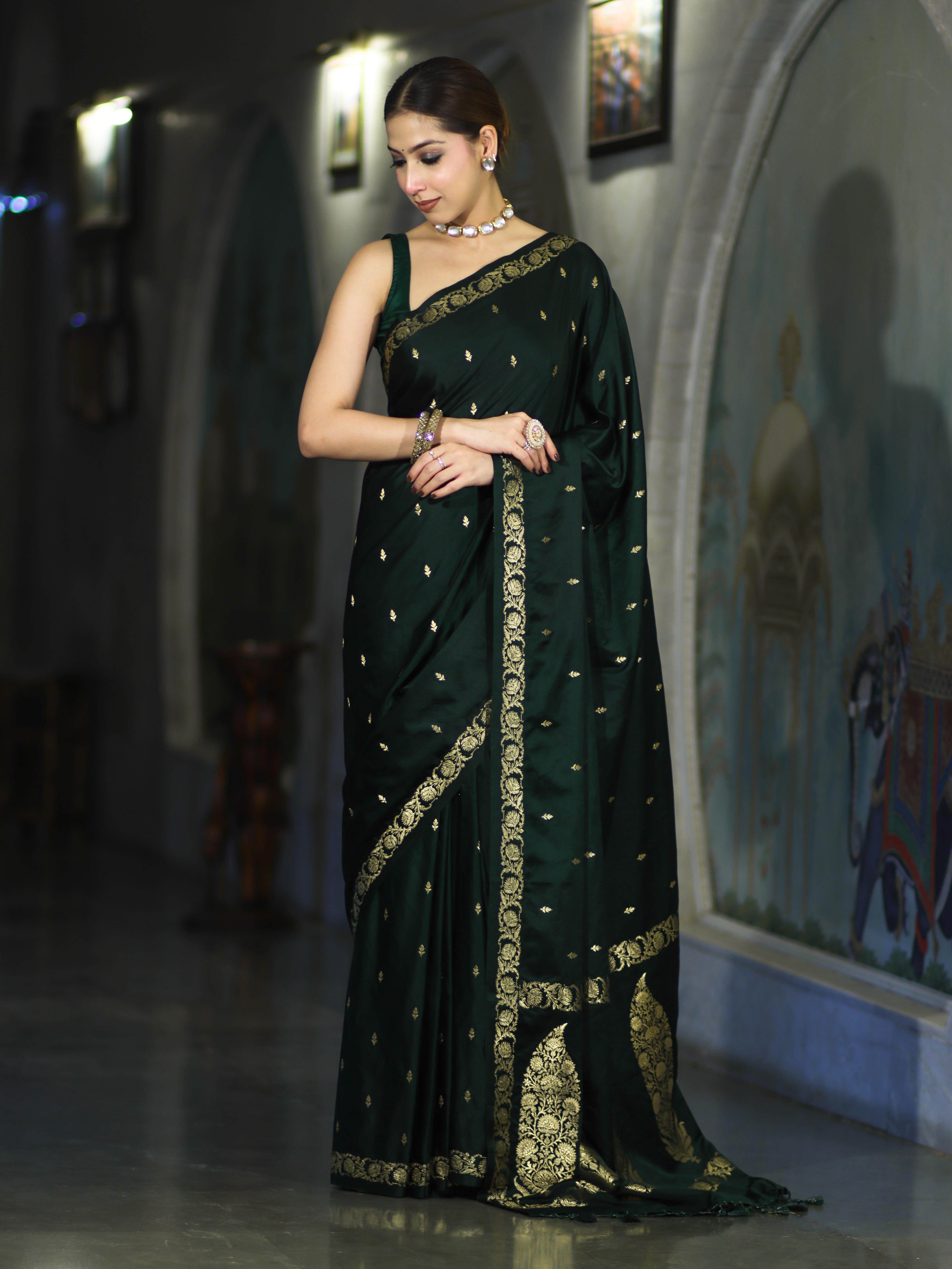 Banarasee Mashru Silk Saree With Zari Motifs & Floral Border-Deep Green