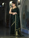 Banarasee Mashru Silk Saree With Zari Motifs & Floral Border-Deep Green