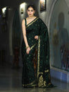 Banarasee Mashru Silk Saree With Zari Motifs & Floral Border-Deep Green