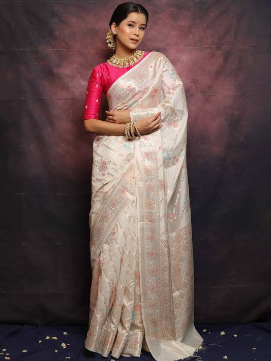 Handloom Pure Chhiniya Silk Saree in bottle green with Meenakari Zari Weaving and Buta Work