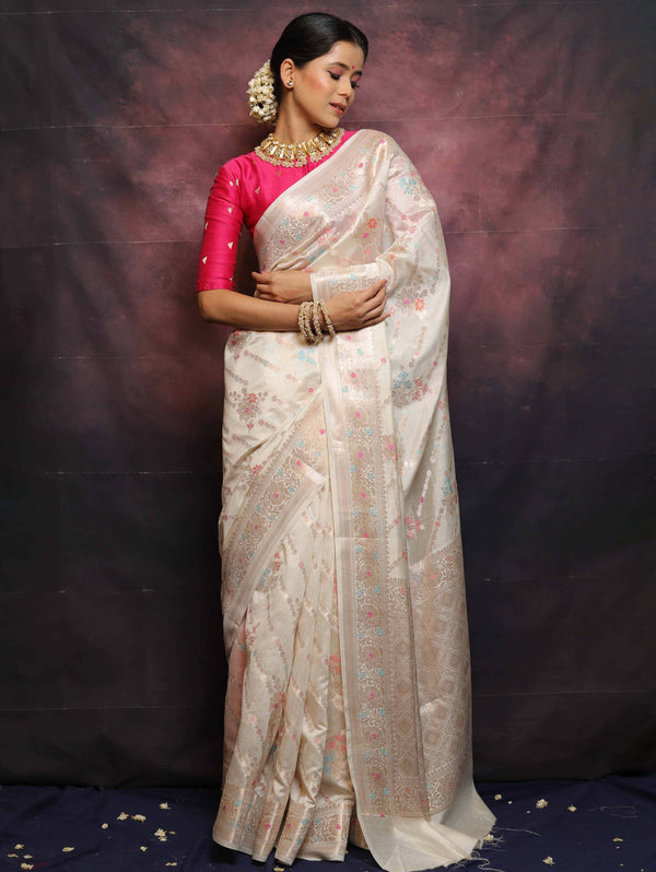 Banarasee Handloom Pure Chiniya Silk Saree With Zari & Meena Work-White